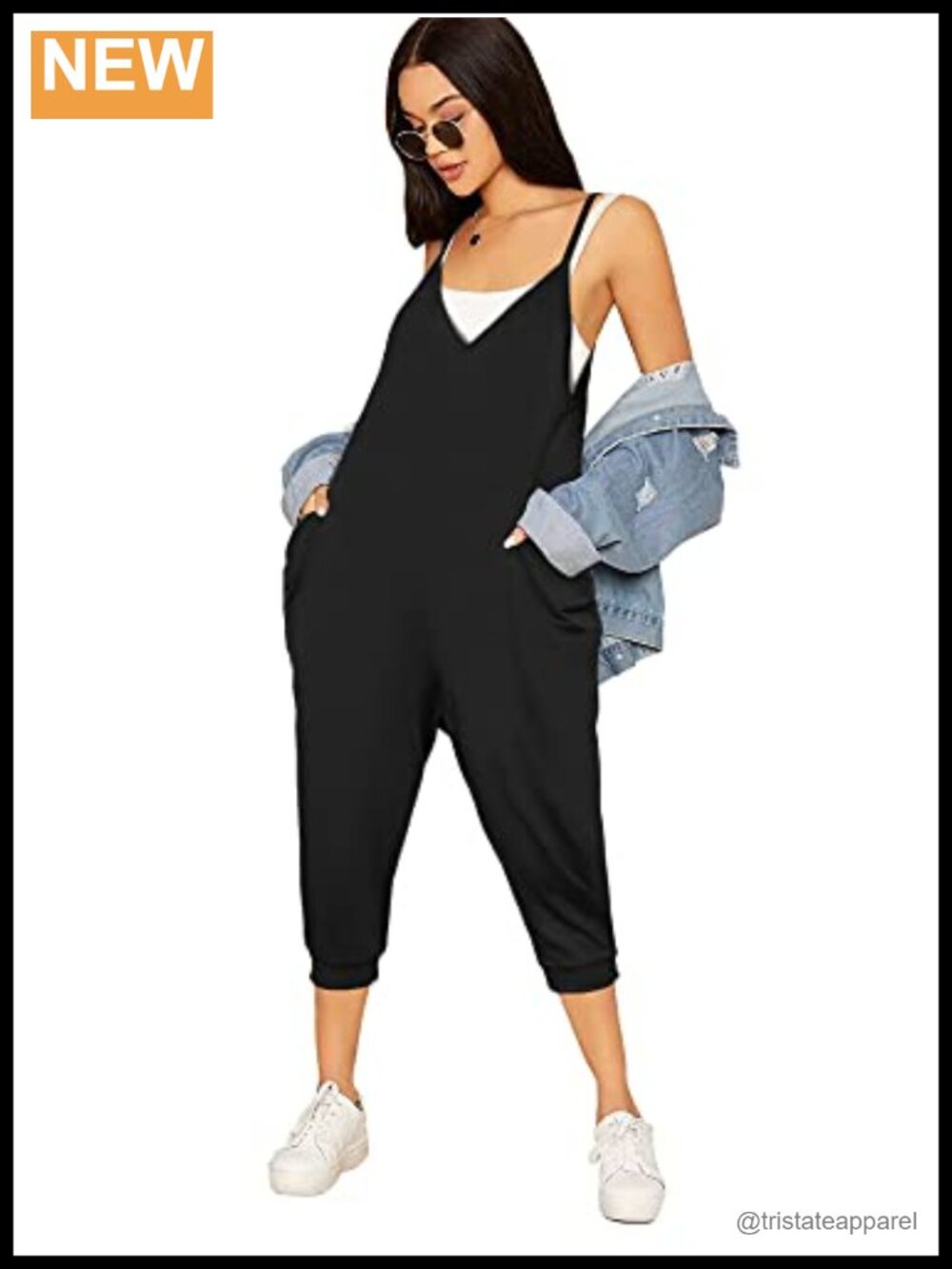 Spaghetti Strap Jumpsuit Sleeveless V Neck Loose with Pockets